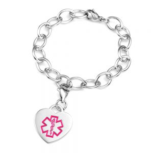 stainless steel heart charm medical bracelet