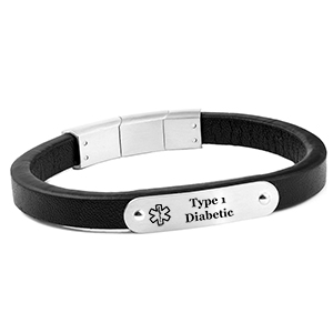 black leather n steel type one diabetic bracelet