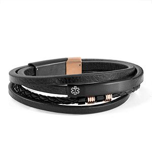 black leather and copper medical bracelet