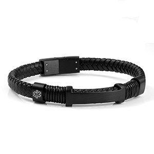 black leather and steel medical id bracelet