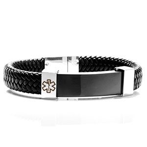 stainless steel and black leather medical bracelet for men