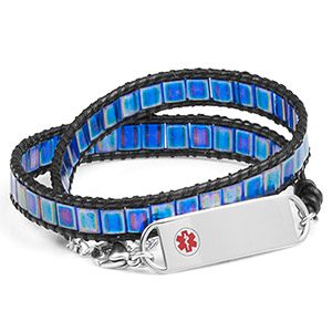 blue and black double wrap leather medical bracelet