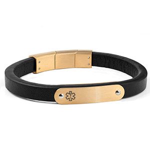black leather and gold medical bracelet