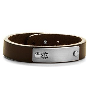 brown leather and stainless steel medical bracelet