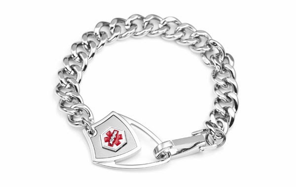 steel medical alert bracelet with red symbol