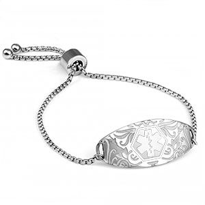 stainless steel medical bracelet with white symbol