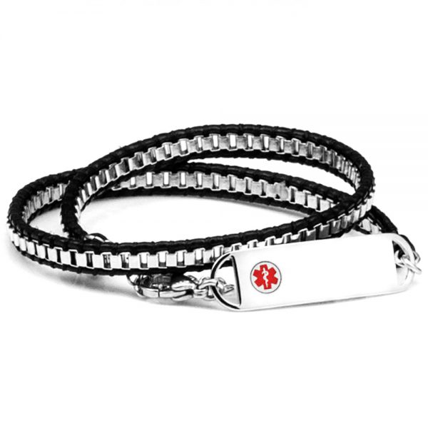 black and silver leather wrap medical bracelet for women