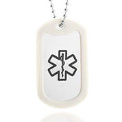 white and aluminum medical dog tag